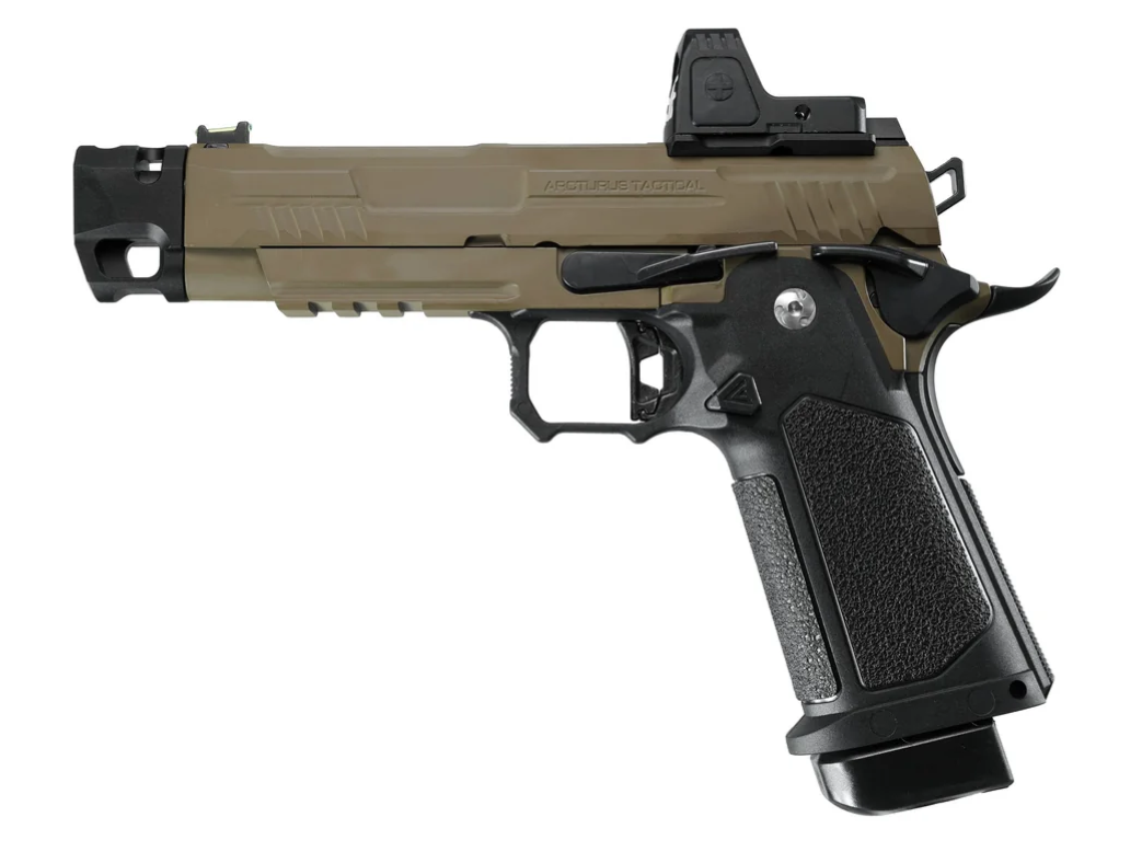 ARCTURUS Vanguard 4.3″ Hi-Capa GBB Pistol w/ Optics Ready Slide & Compensator & ARS-1 Red Dot Combo BLK-TAN