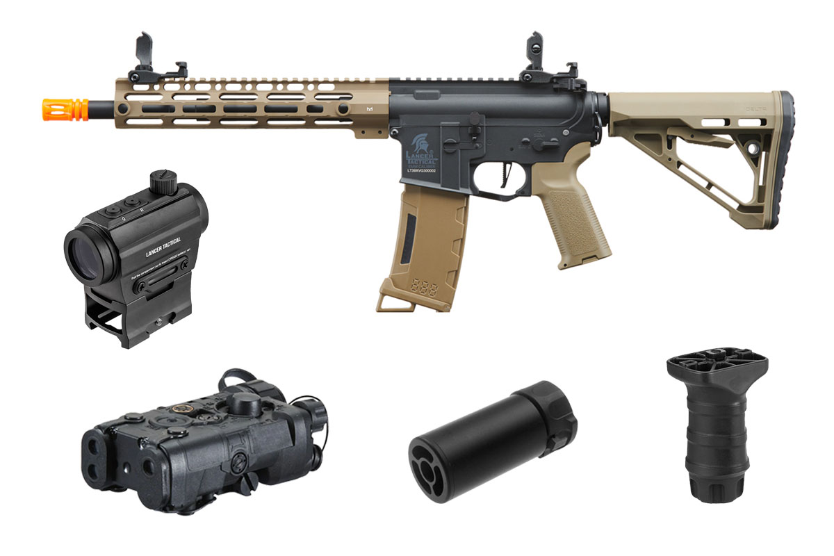 Lancer Tactical Gen 3 M-LOK 10″ Airsoft M4 AEG with ETU & Delta Stock Field Ready Combo (Two-Tone)