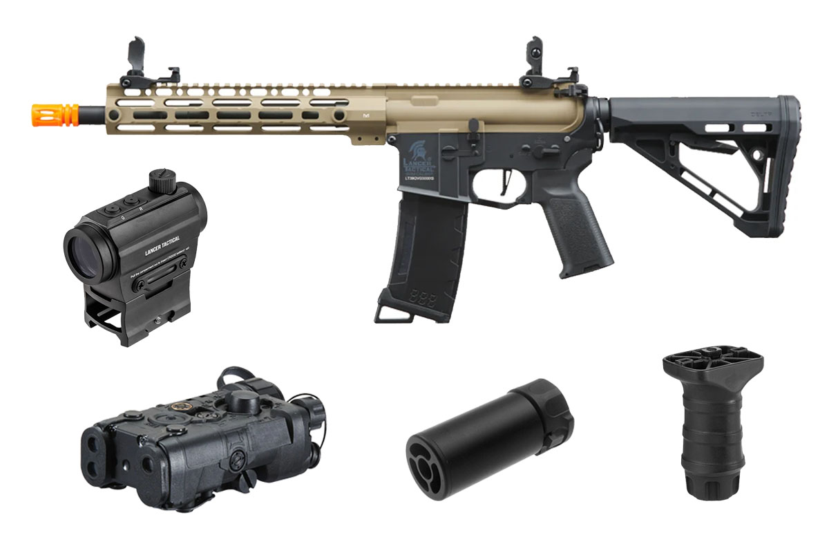 Lancer Tactical Gen 3 M-LOK 10″ Airsoft M4 AEG with ETU & Delta Stock Field Ready Combo (FDE & Black)