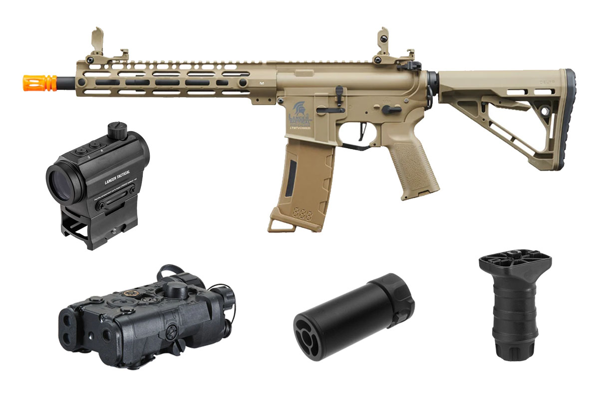 Lancer Tactical Gen 3 M-LOK 10″ Airsoft M4 AEG with ETU & Delta Stock Field Ready Combo (Tan)
