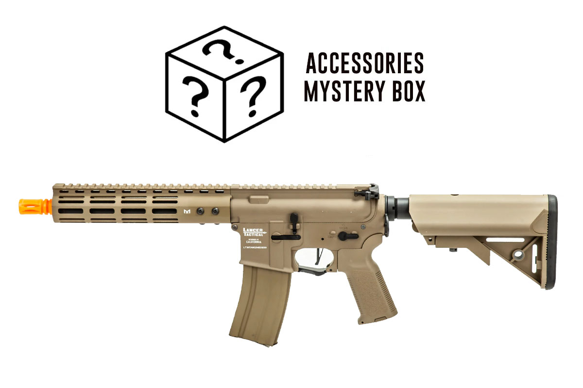 Mayo Gang Accessories Mystery Box Airsoft Combo #12 w/ Lancer Tactical Archon 9″ M-LOK Full Metal M4 Airsoft Rifle AEG (Tan)