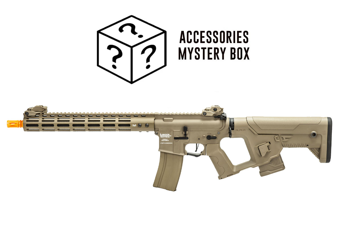 Mayo Gang Accessories Mystery Box Airsoft Combo #16 w/ Lancer Tactical Archon Alpha 14″ M-LOK Gen 2 Full Metal M4 AEG (Tan)