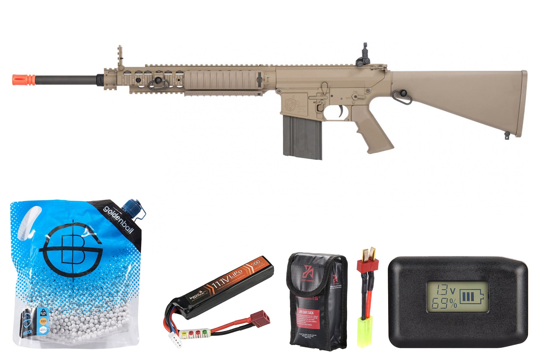 Ares SR25 RIS Sniper AEG Airsoft Rifle Battery & Charger Combo (Tan)