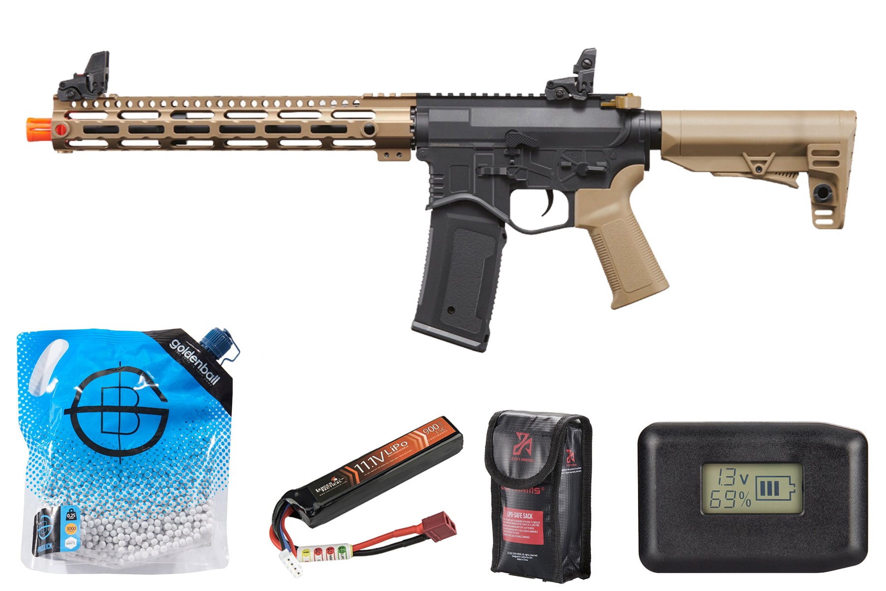 Golden Eagle Combat AR 12.5” AEG Airsoft Rifle Battery & Charger Combo (Two-tone)
