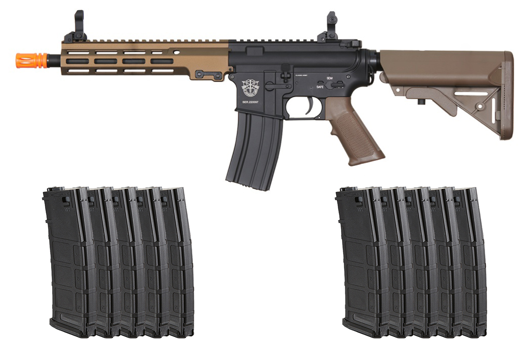 Classic Army MK16 9.5″ Full Metal M4 ECS AEG Airsoft Gun 10 Pack Mag Combo (Tan/Black)