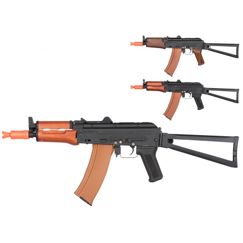 Double Bell AK74U AEG Airsoft Rifle w/ Folding Triangle Stock – BLACK / WOOD
