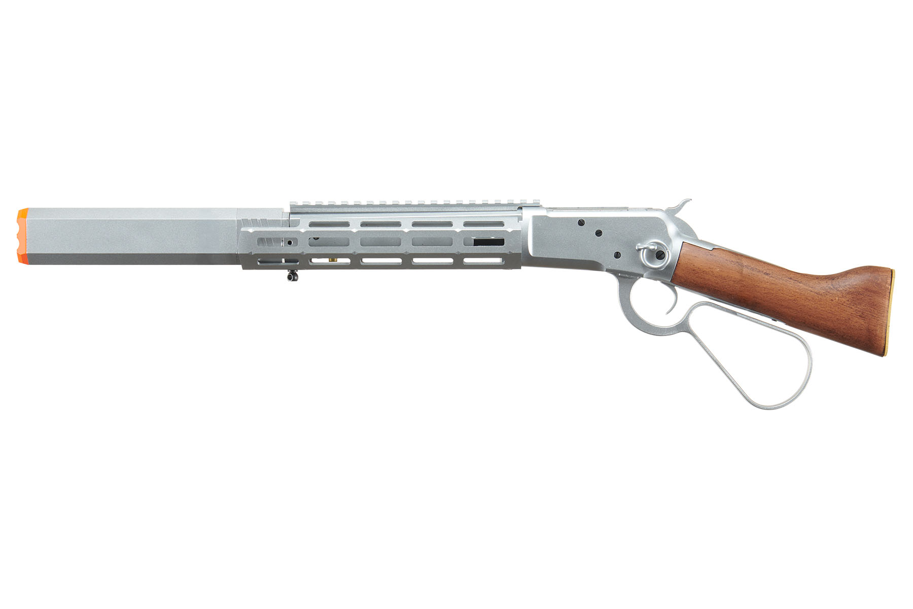 ACW M1873 “Mares Leg” Lever Action Airsoft Green Gas Rifle w/ M-LOK Rail and Suppressor (Silver)
