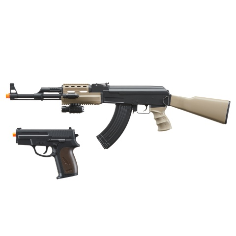 UKARMS IU-AK47T Tactical AK47 AEG Airsoft Rifle with Laser Flashlight P618 Pistol and 700 Round Grenade BBs – (Dark Earth and Black)