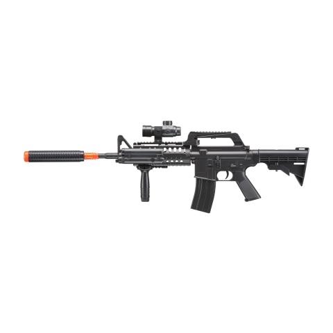 WELL M4 Airsoft Spring Rifle w/ Scope, Grip, Laser, Extension – BLACK