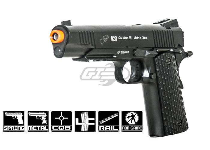 Double Eagle 1911 Metal Spring Airsoft Pistol w/ Rail (Black)