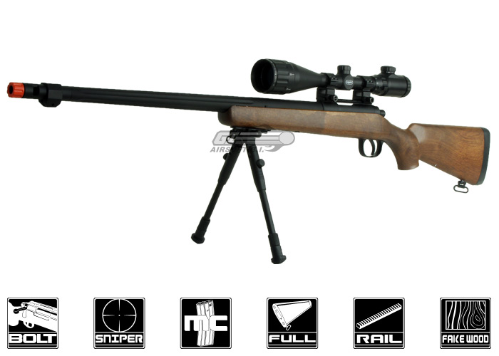 Well MB07 Bolt Action Sniper Airsoft Rifle – Bipod Package (Black/Imitation Wood)