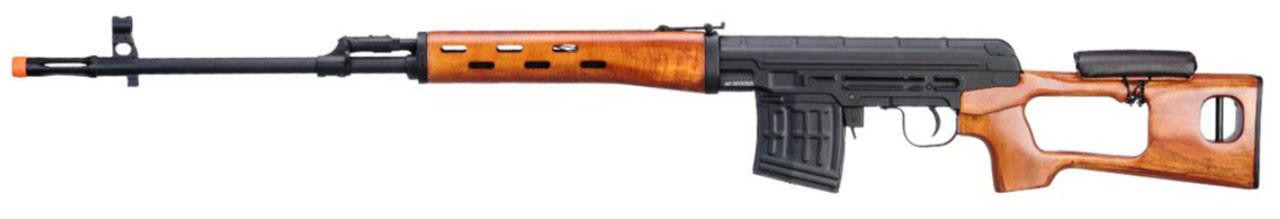 Atlas Custom Works SVD Dragunov Electric Airsoft Sniper Rifle w/ Real Wood Furniture & Fixed Sportsman Stock, Black/Wood