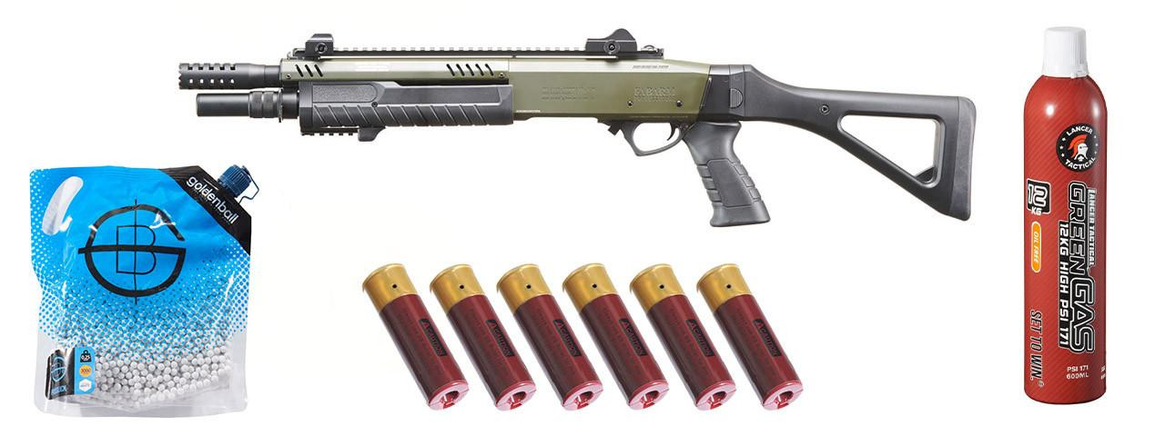 BO Manufacture Fabarm 33″ Compact Gas Pump Airsoft Shotgun w/ Green Gas & Shell Combo, OD Green