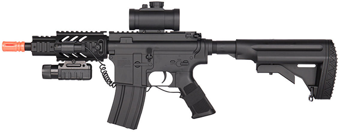 DE M4 CQC Fully Automatic Electric AEG Airsoft Rifle w/ Flashlight & Scope, Black