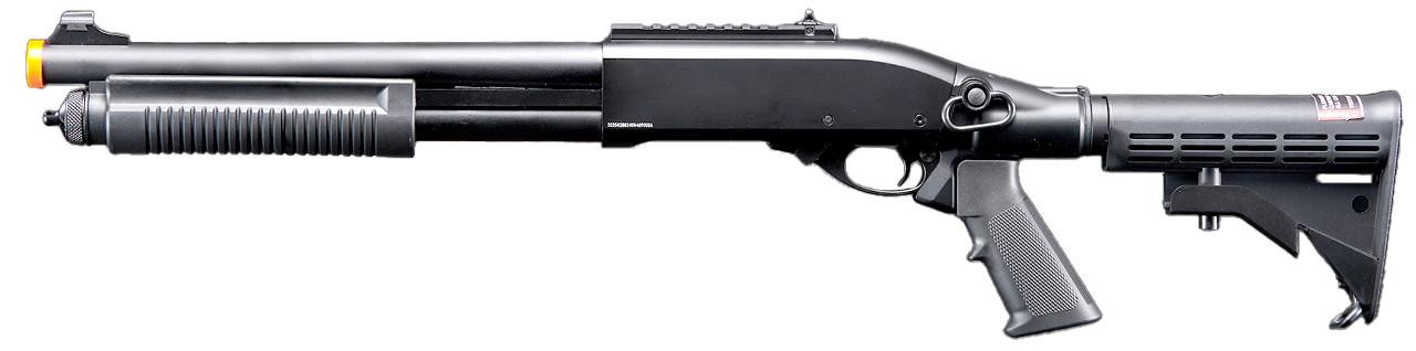 Golden Eagle M8871 3/6-Shot Pump Action CO2 Gas Airsoft Shotgun w/ Ghost Ring Iron Sights & M4 Crane Stock, Black