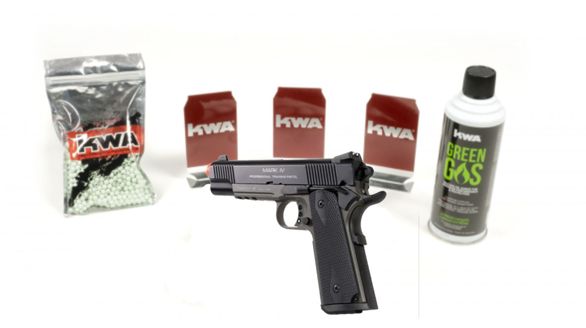 KWA 1911 MK IV PTP – BLACK with 3 targets, 1000rd BB, & green gas