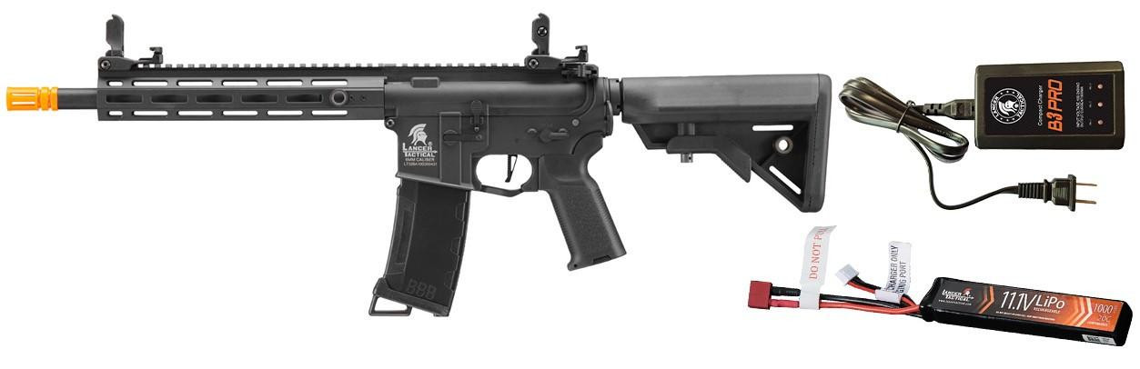 Lancer Tactical Gen 3 M4 Hellion M-LOK 10″ Airsoft AEG Rifle w/ LiPO Battery/Charger Bundle, Black