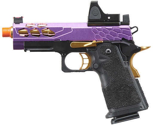 Lancer Tactical Stryk Hi-Capa 4.3 Gas Blowback Airsoft Pistol w/ Reflex Red Dot Sight, Black/Purple/Gold