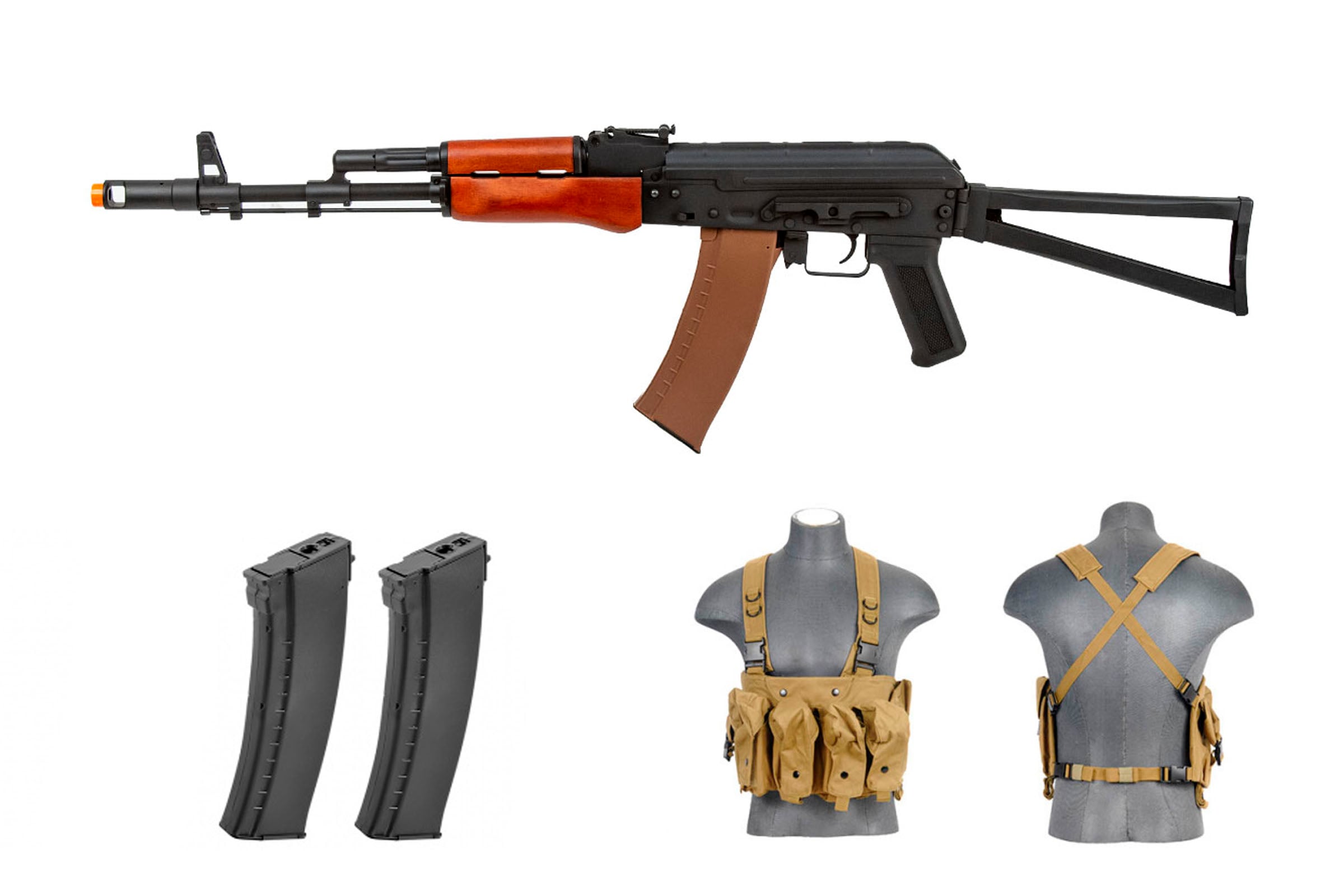 Premium Package #8 ft. Lancer Tactical AK-74N w/ Folding Stock AEG Airsoft Rifle (Real Wood/Stamp Steel)