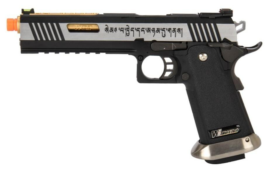 WE-Tech Hi-Capa 6 IREX Full Auto Competition GBB Airsoft Pistol, Black/Silver/Gold Barrel with Markings